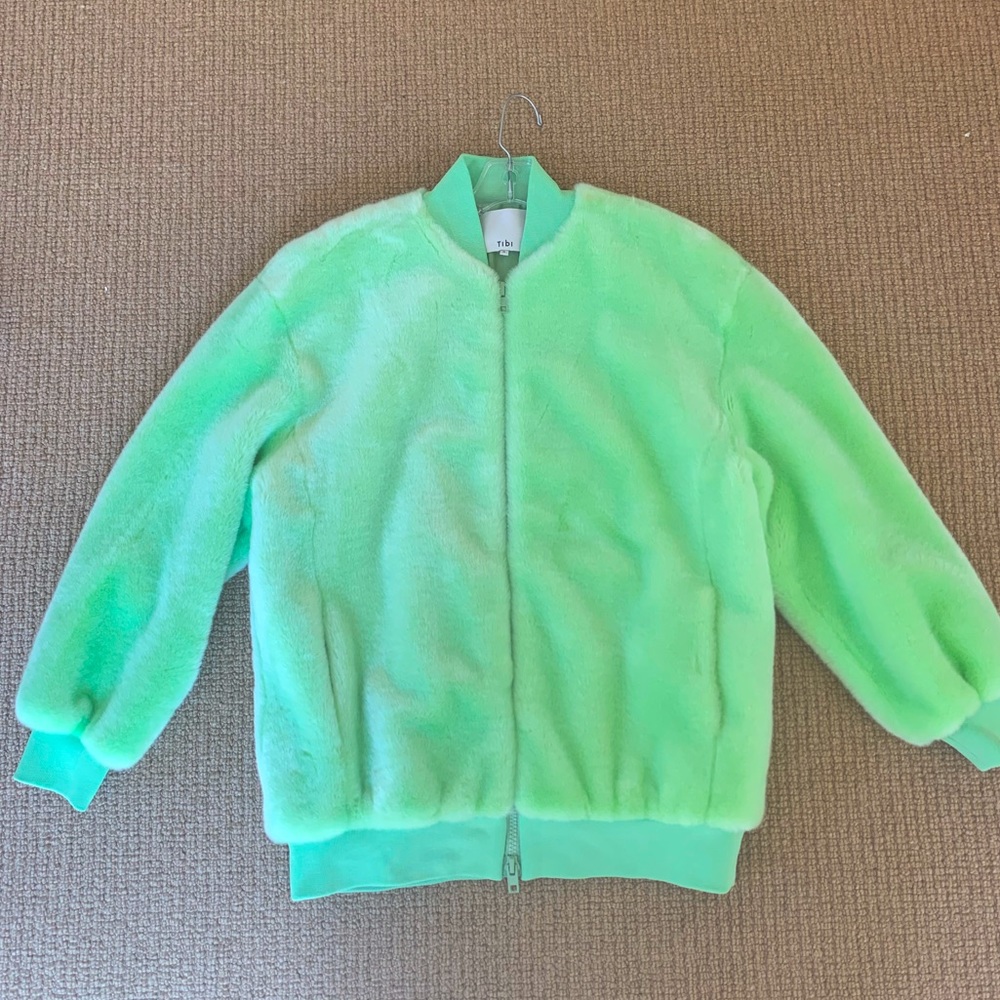 SOFTEST COAT EVER Tibi Faux Fur Bomber Style Jacket Green Small - Picture 2 of 9